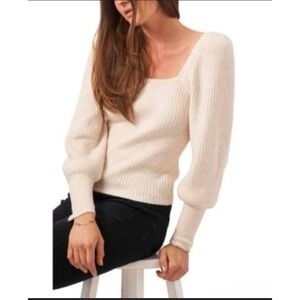1 STATE Womens XS Square Neck Puff Sleeve‎ Ribbed Sequin Sweater Antique Wht